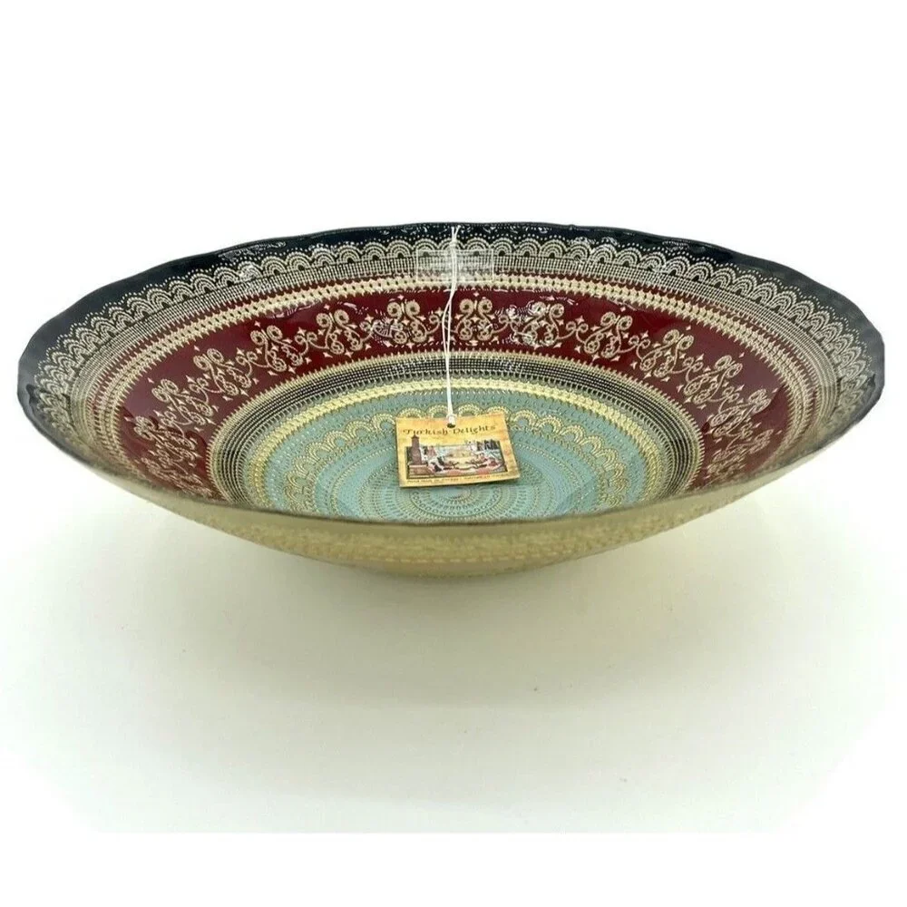 Turkish Delights Glass Bowl Serving Dinner Red Blue Gold Handmade 11.75” NWT